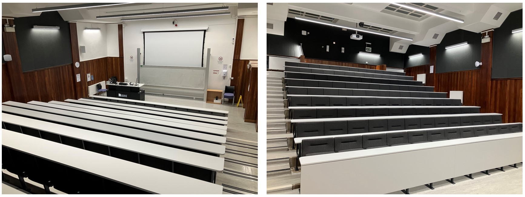Photo shows rows of tiered seats facing a teaching wall.